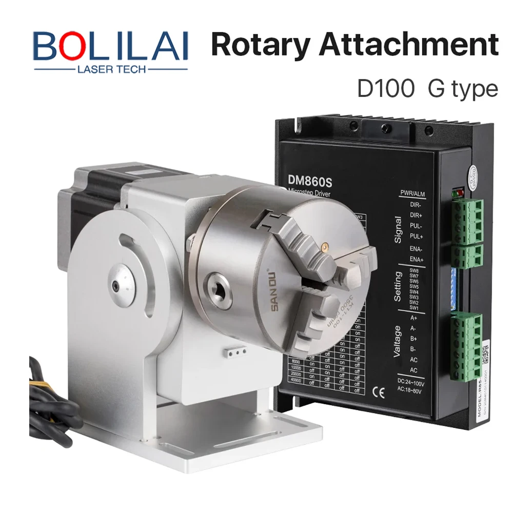 

Bolilai Rotary Attachment MAX Diameter 100mm Rotary Device with Three Chuck + DM860S Driver for UV & Fiber Marking Machine