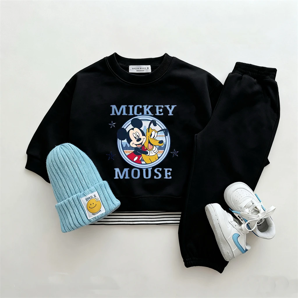 2 3 4 5 6 سنوات ملابس أطفال أسود رقبة مستديرة هوديس فضفاض السراويل الرياضية مجموعات الأولاد نمط جديد الكرتون البلوفرات Sweatpants سوداء