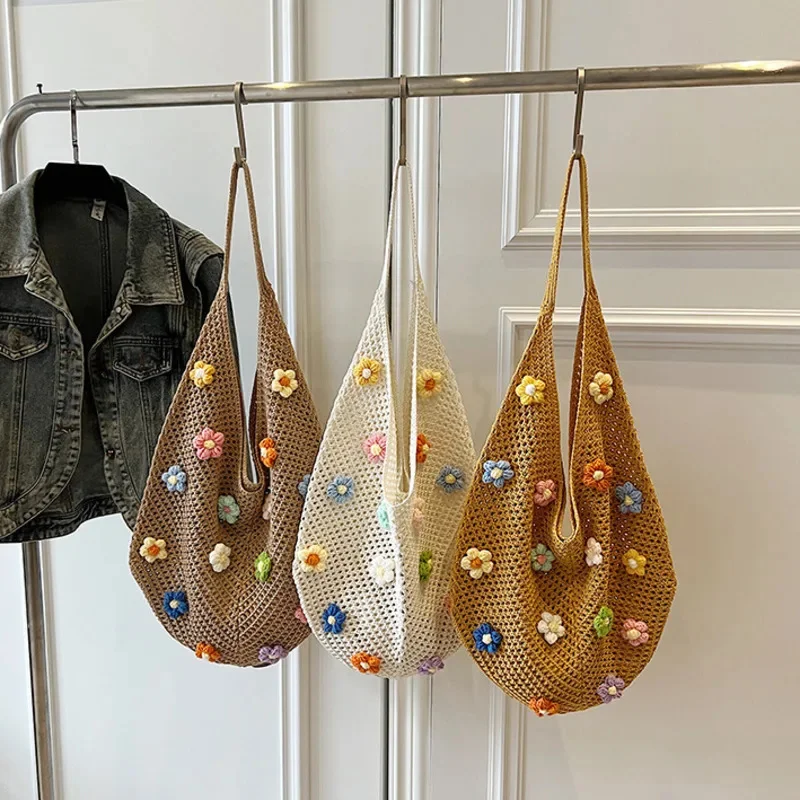 

Flower Knitted Shoulder Bag Fashion Tote Handbag Lightweight Crochet Tote Bag Casual Top HandBag Women Outdoor Travel Bag