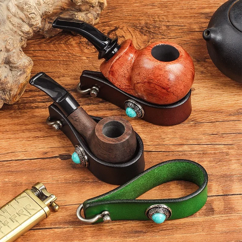 Handmade Cowhide Tobacco Pipe Holder Retro Turquoise Button Portable Pipe Display Stand Cigarette Storage Accessories Green