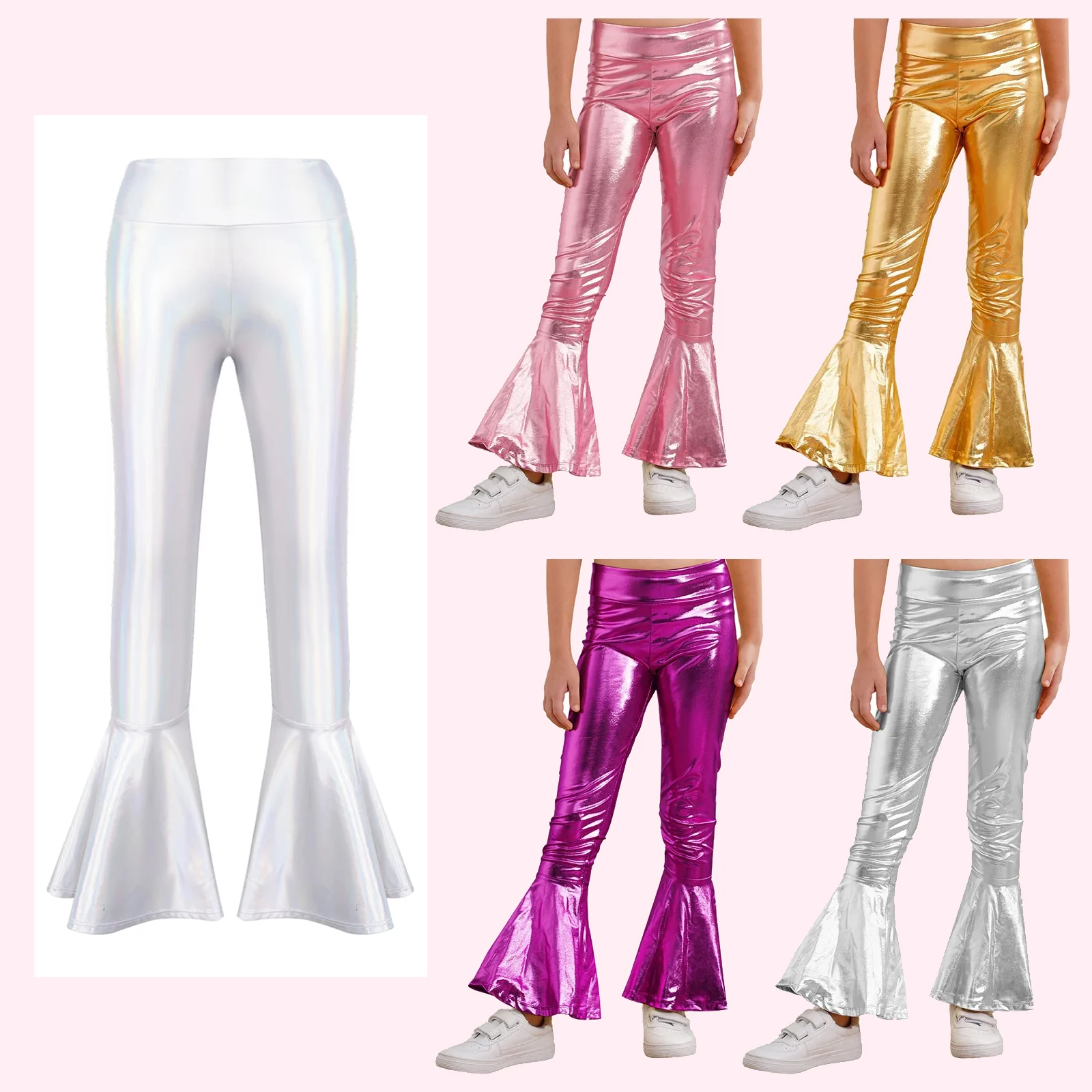 

Kids Girls Shiny Flared Trousers Pants High Waist Ruffle Wide Leg Long Pants Retro 70s Disco Hippie Bell-Bottom Leggings