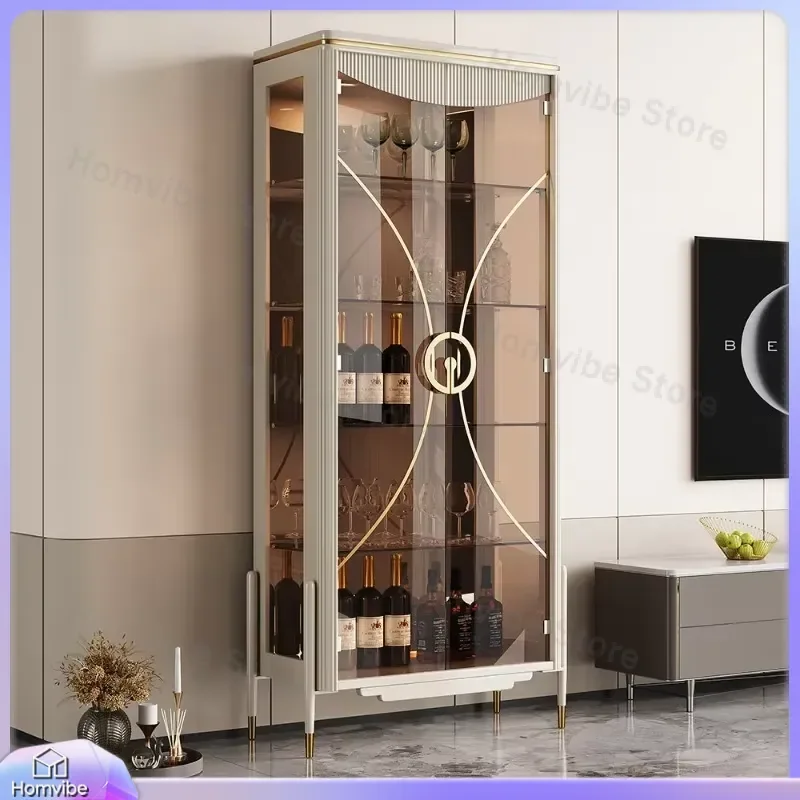 Modern Glass Wine Cabinet Bar Storage Cabinet for Living Room Corner Display Shelf with LED Lights Adjustable Shelves Home