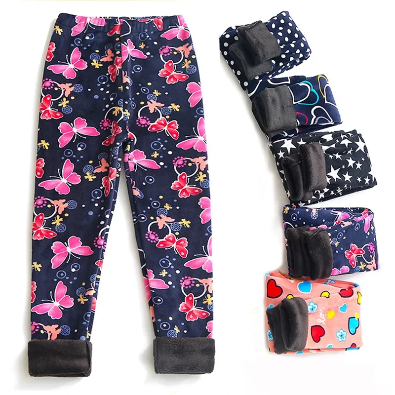 Girls Silver Fox Plush Underpants for Autumn Winter New Children's Printed Slim Fit Warm Pants for Middle Big Children's Outwear