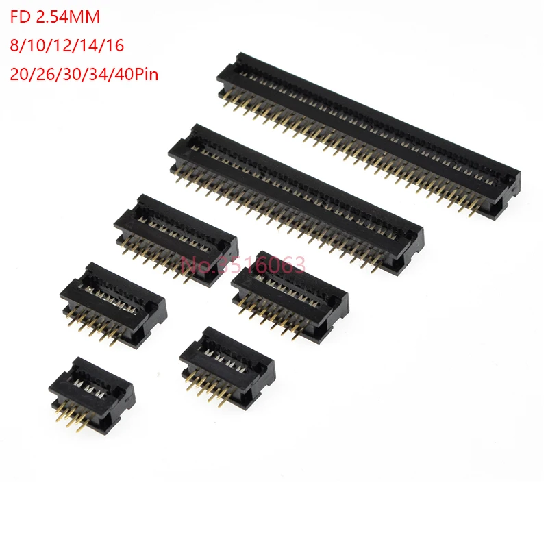 5/10pcs 2.54mm Pitch Fd-6/8/10/16/20/30/40 Pin Male Plug Idc Socket Connector For 1.27mm Flat Ribbon Cable Wire 6p 10p 20p 40p