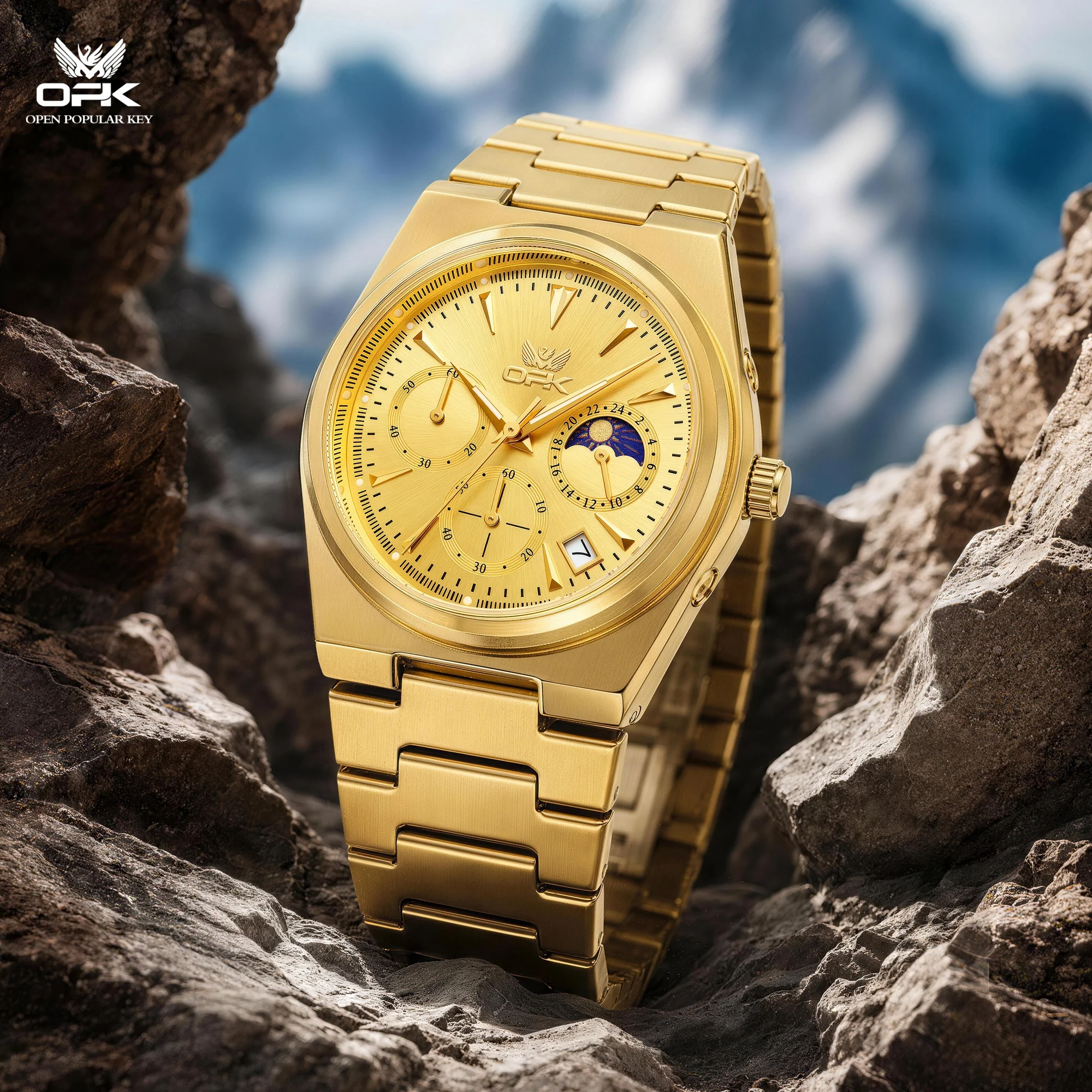 6117 OPK Men's Watch Brand Steel Band Multifunctional Moon Phase Single Calendar Quartz Night Light Waterproof Watch