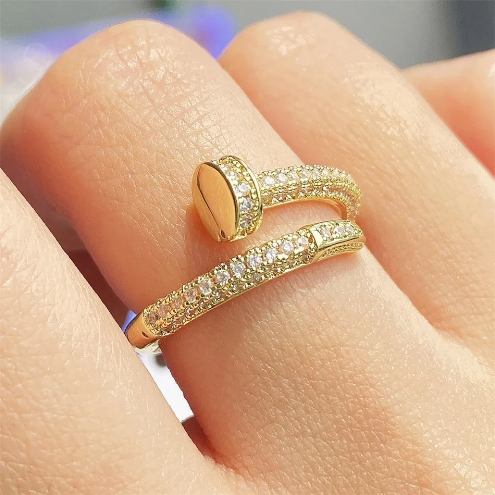 RAKOL 14K Real Gold Plating AAA Zircon Simple Snake Shaped Nail Open Ring Elegant Women Daily Workday Ring Party Jewelry