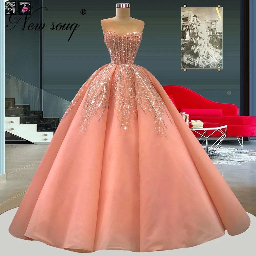 

Princess Pink Beading Evening Party Dresses Strapless Dubai African Girls Pageant Dress Prom Gowns 2022 Robes De Soiree African