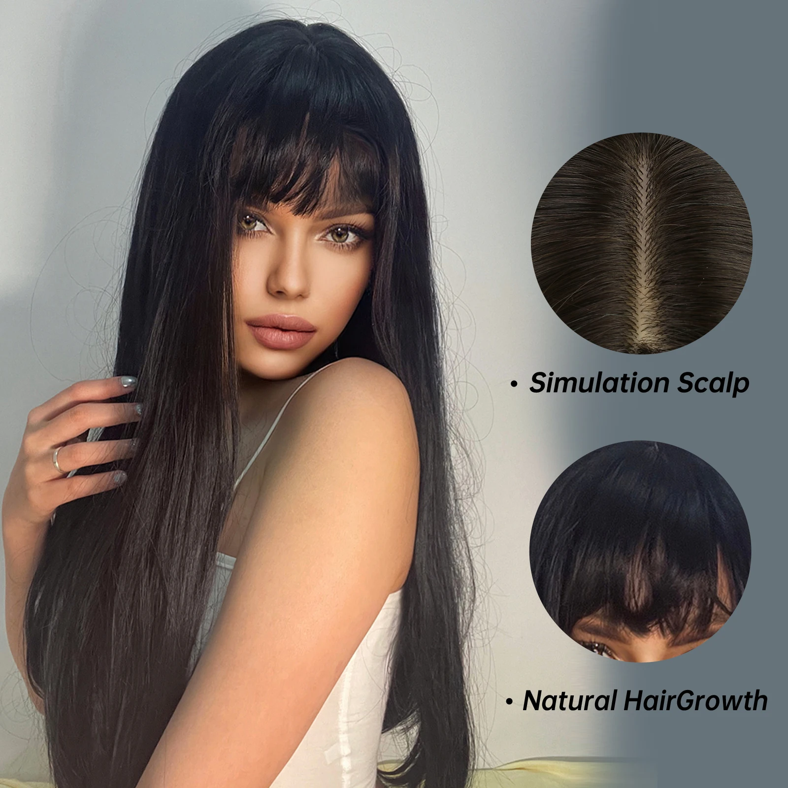 Black Long Straight Wig with Bangs Synthetic Cosplay Natural Hair Wigs for Women Afro Heat Resistant Fibre Party Daily Use Hair