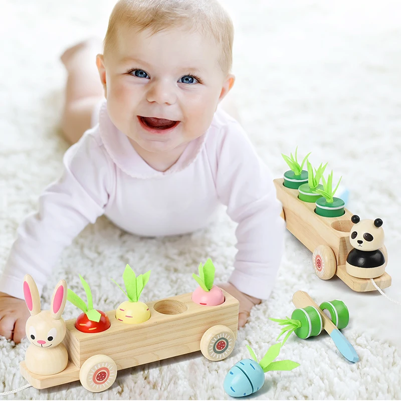 Voiture de traction de lapin en bois avec carottes extractibles, jouet carottes colorées peuvent être extractibles, les enfants se trouveront jouent avec la traction