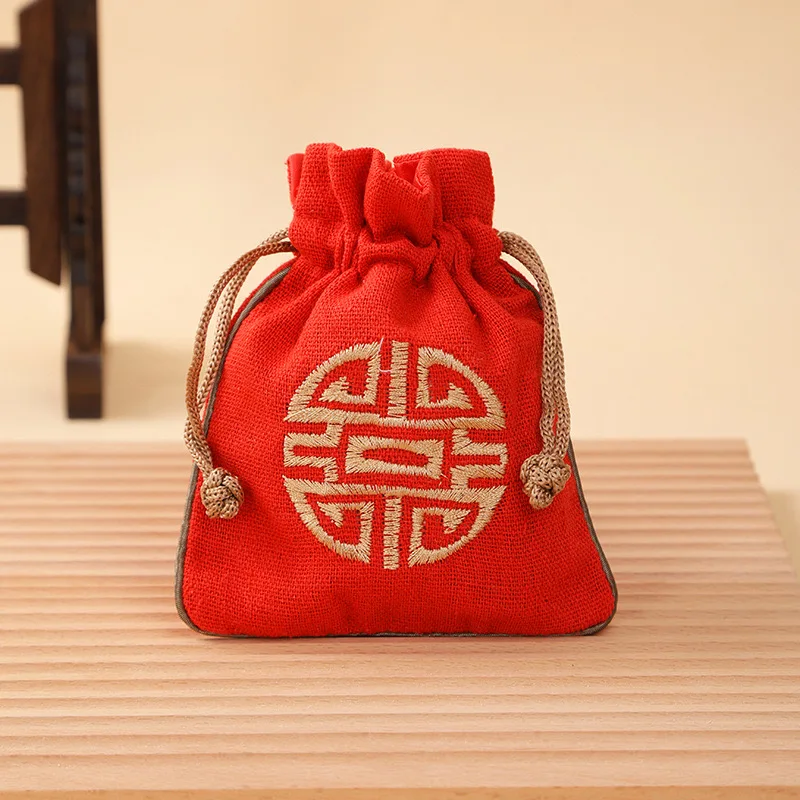 Vintage Leinen-Schmuckbeutel mit Kordelzug, bestickter chinesischer Knotenbeutel, Baumwoll-Leinen-Aufbewahrungstasche für kleine Gegenstände, 11,5*14cm, 14,5g – Detail 2