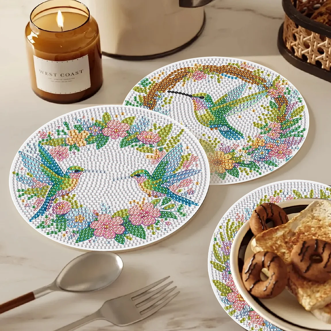 3Pcs Diamond Art Painting Placemat kits,hummingbird Diamond Round Place mats Craft Table mats Table Kitchen for Home Decor Gift