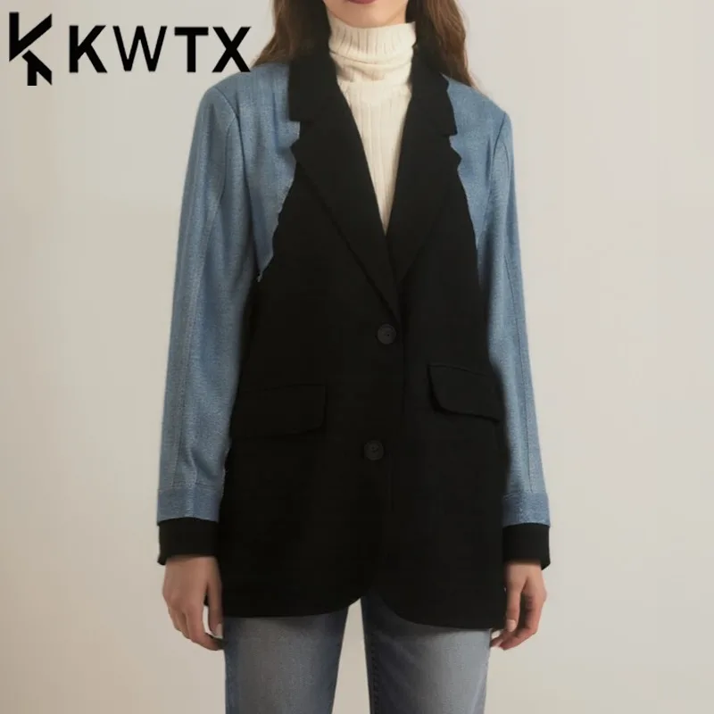 

KWTX 2025 Spring Summer Women’s Contrast Blazer Black Blue Two Button Notch Lapel Back Slit Hem Premium Office Casual Jacket