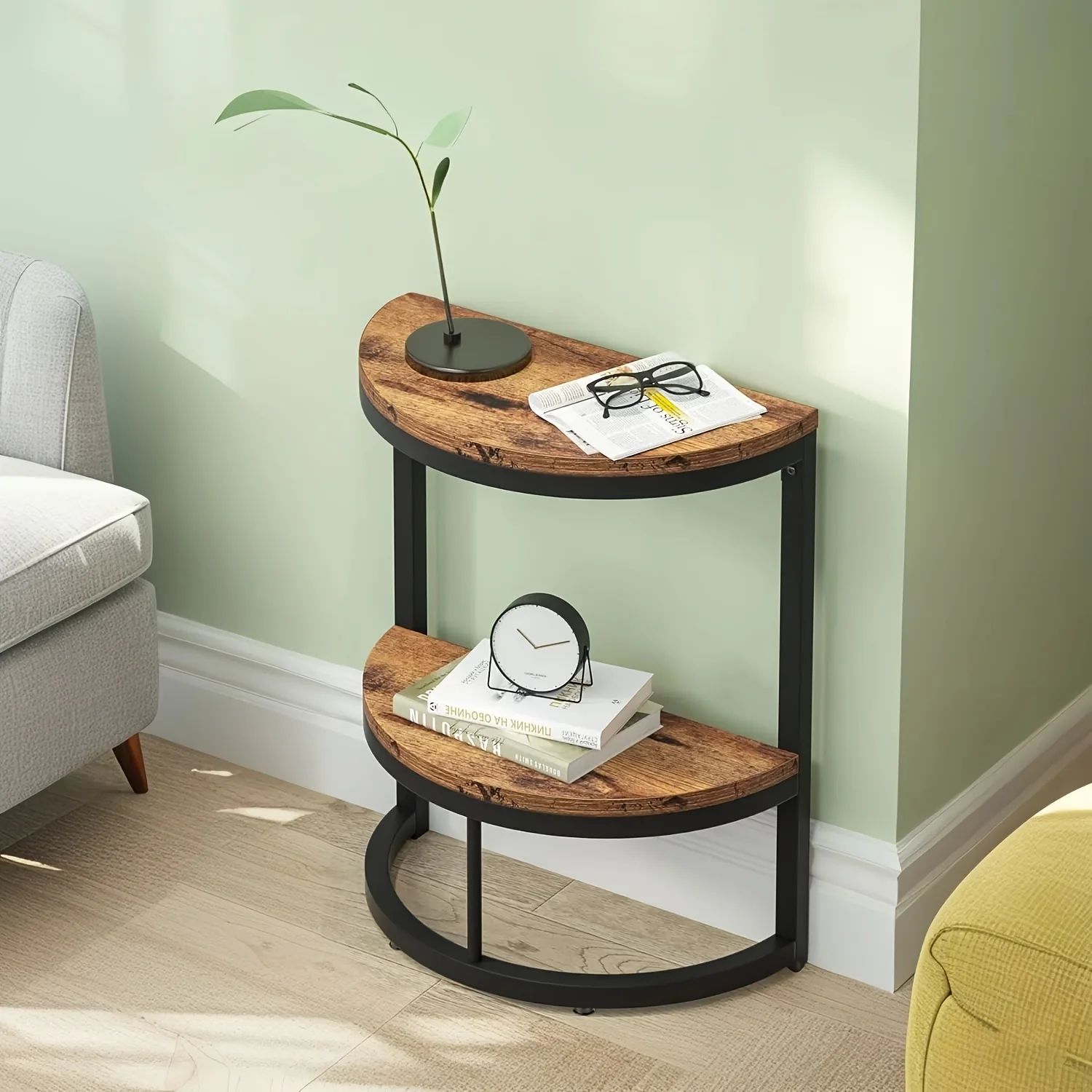 

2-Tier Rustic Brown Side Table With Storage Shelf, Space-Saving Half Round C Table For Sofa/Bedroom, Wooden Accent Table