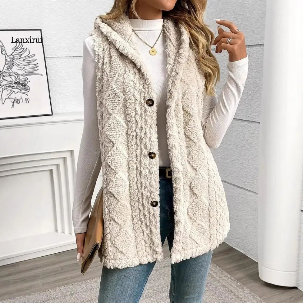 

Solid color double-sided plush hooded button cardigan casual women's top autumn and winter vest sleeveless jacket coat