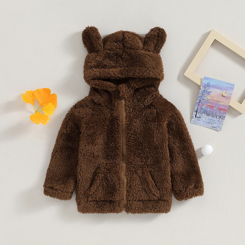 Baby Boys Girls 3D Bear Ears Shape Fleece Long Sleeve Hoody Zip Up Coat Jacket Infant Baby Sweatshirt