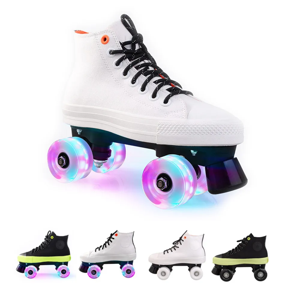 Quad Skates Double Row Adult Roller Skates Unisex Canvas Shoes For Lovers Two Line Flashing Wheels Patines