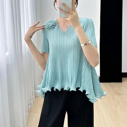 Miyake Style Pleated Top Women 2024 Summer High Elastic Large Size Flower Slimming Temperament V-neck T-shirt Bottoming Shirt