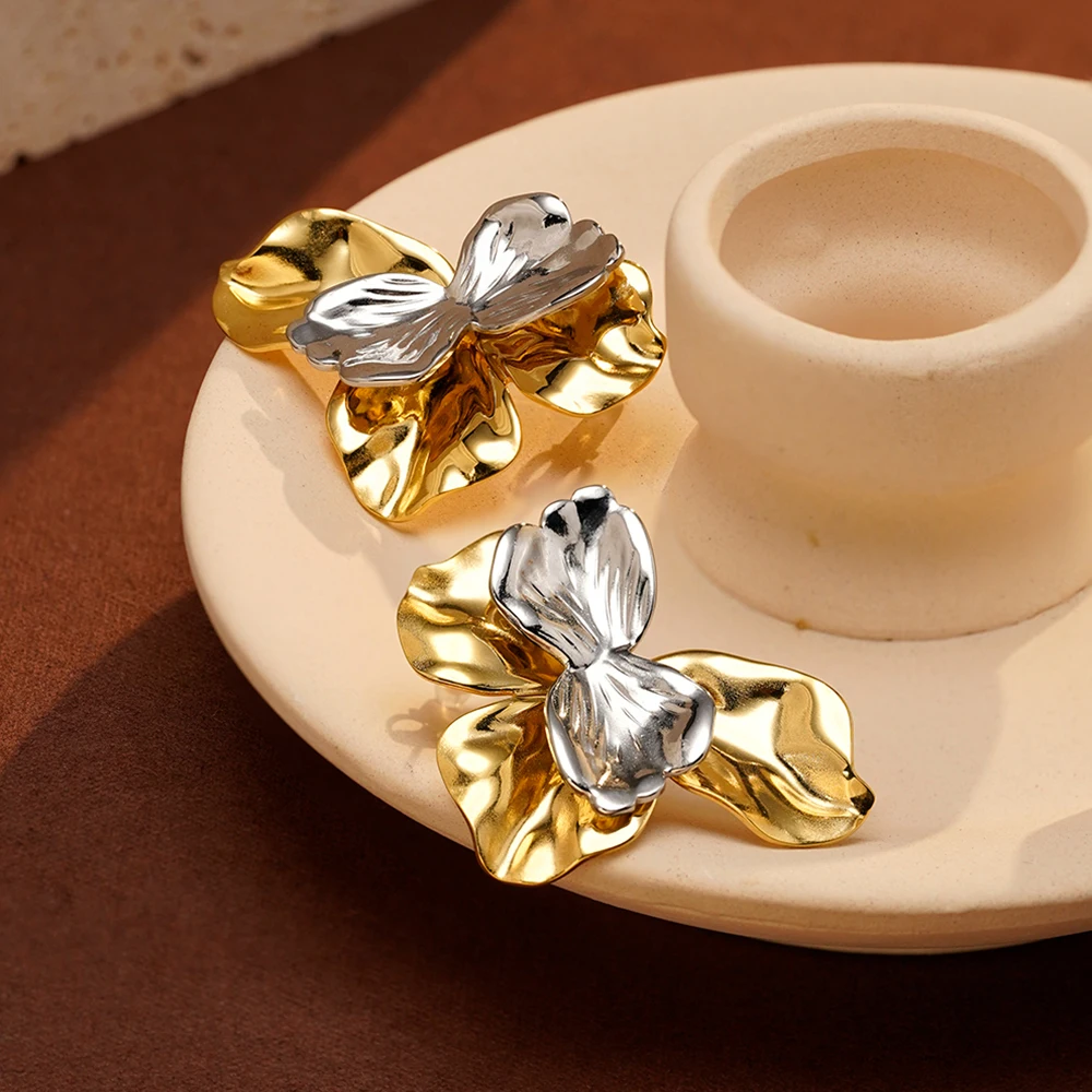 Two-Tone Flower Stud Earrings - 18K Gold Plated Stainless Steel