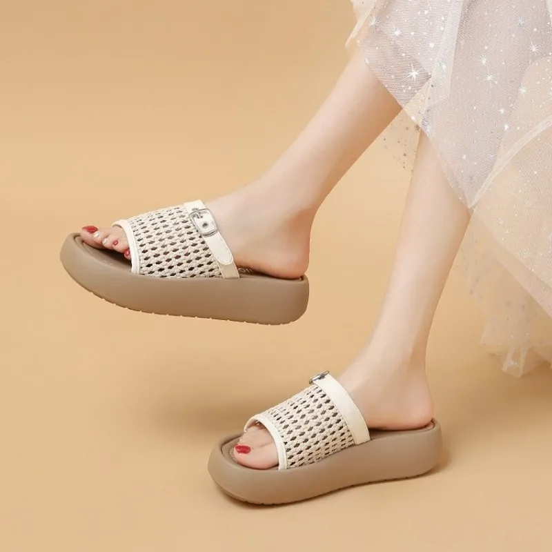 

Summer Women Hollow Out Woven Open Toe Wedge Chunky Platform Backless Slip On Slippers Casual Beach Sandals Slides Shoes