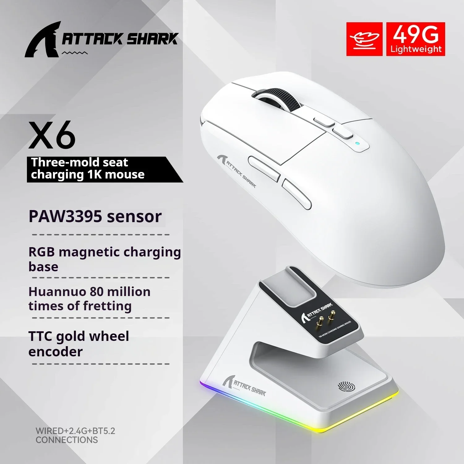 Imagem -02 - Ataque Tubarão x6 Mouse Bluetooth sem Fio 3-mode Rgb Backlight Base de Carregamento Design Leve Macro Gaming Mouse Paw3395