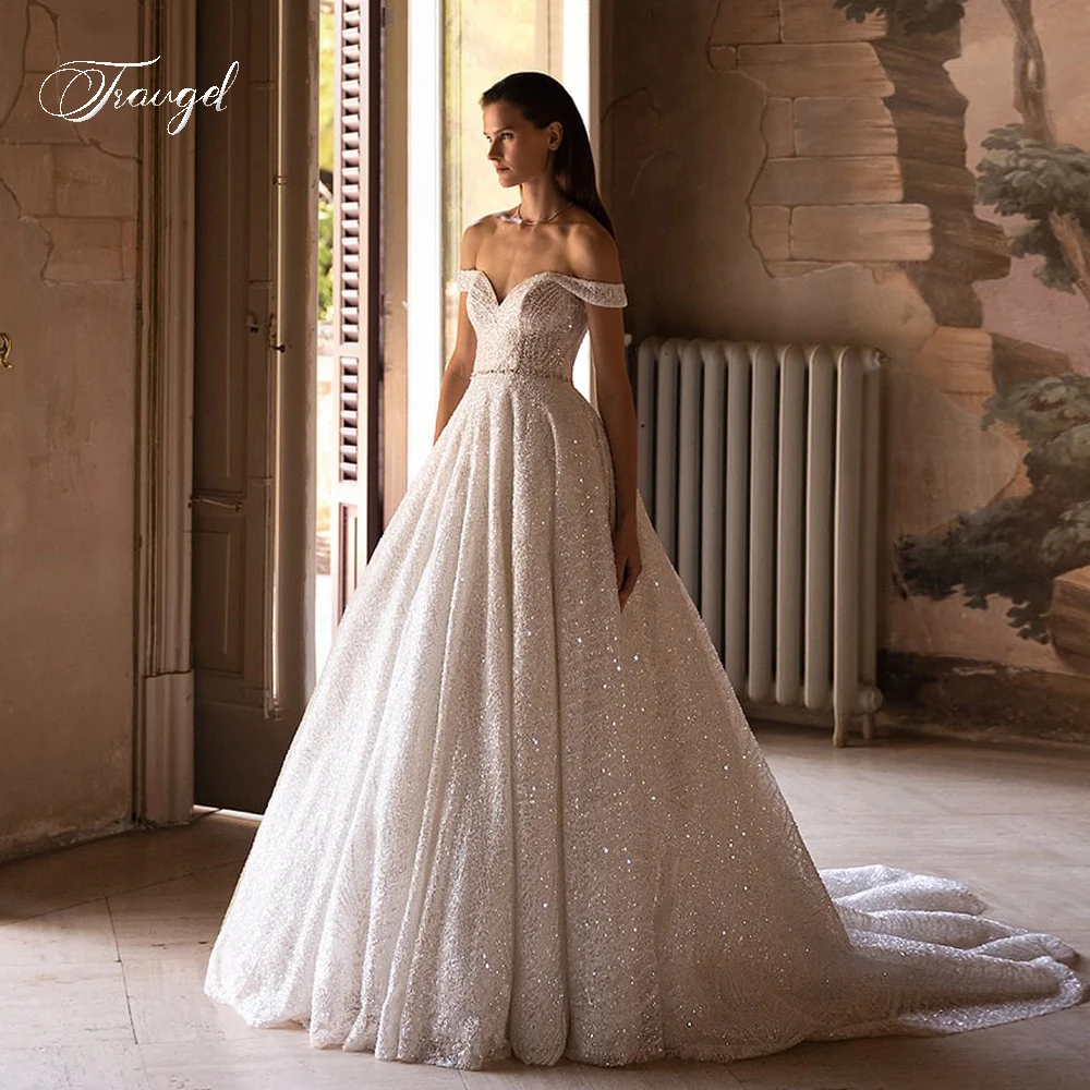 

Traugel Sexy Backless Boat Neck Lace Vintage Wedding Dresses Exquisite Beaded Belt Court Train A Line Bridal Gowns