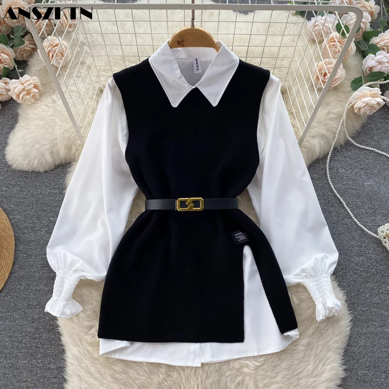 ANSZKTN Womem Spring Autumn College Style Waistband White Long Sleeve Shirt Knitted Vest Two Piece Shirt Top Blouses Shirts