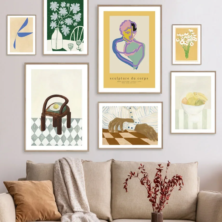 

Abstract Sculpture Daisy FLower Fruits Posters And Print Chair Wall Art Figure Hand Canvas Painting Decor Pictures Living Room
