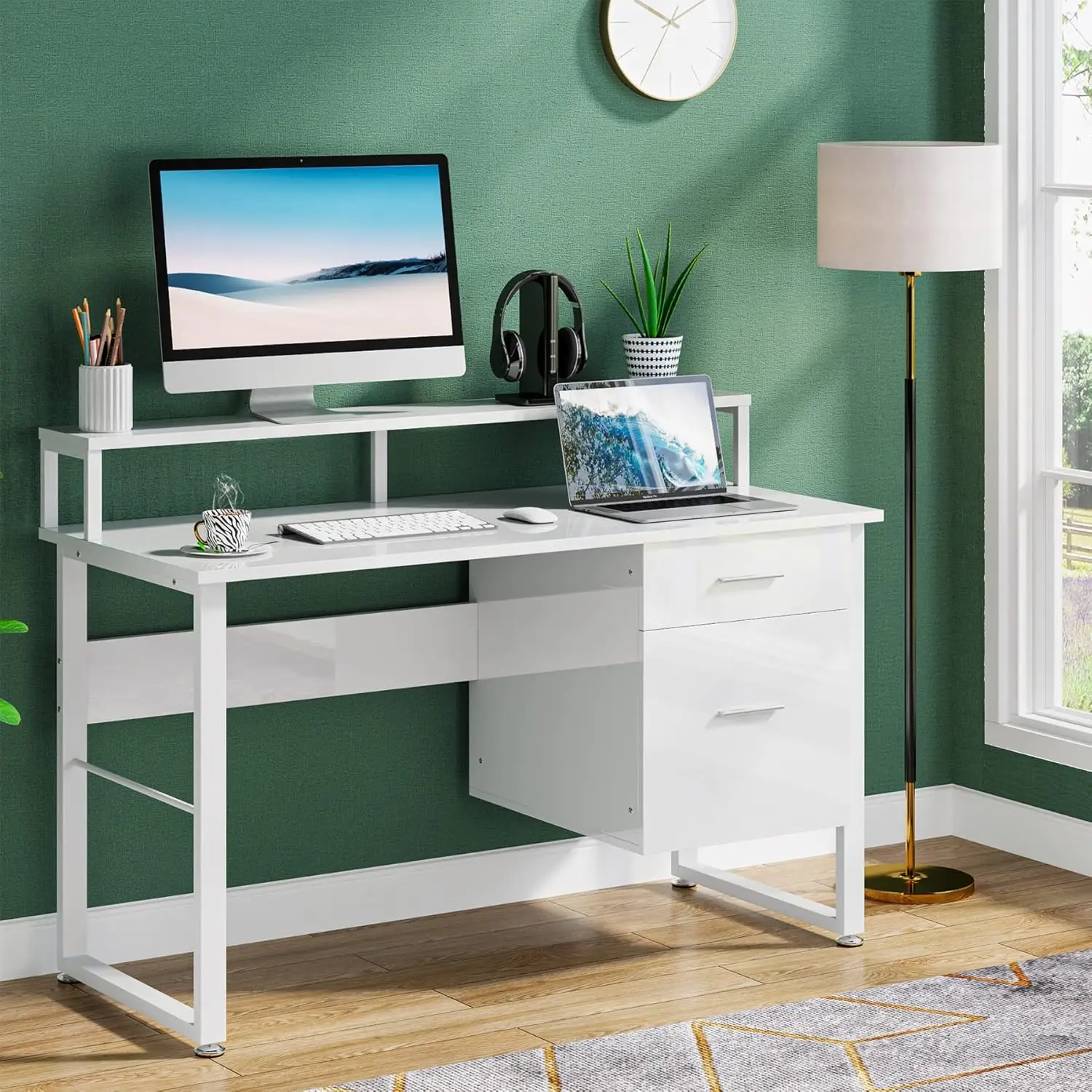 Modern White Computer Desk with 2 Drawers and Hutch - 47 Inches Writing, Space Saving Gaming Table for Home Office Workstation