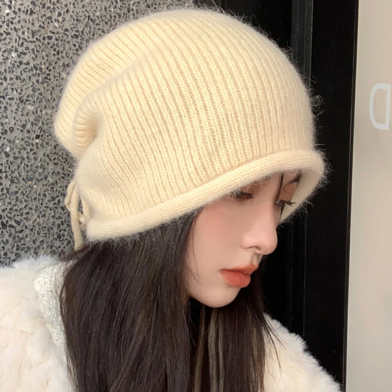 Fashion Winter Kintted Drawstring Baggy Slouchy Beanie For Women Autumn Ear Warm Skullies Cap Solid Color Bonnet Girl Woolen Hat