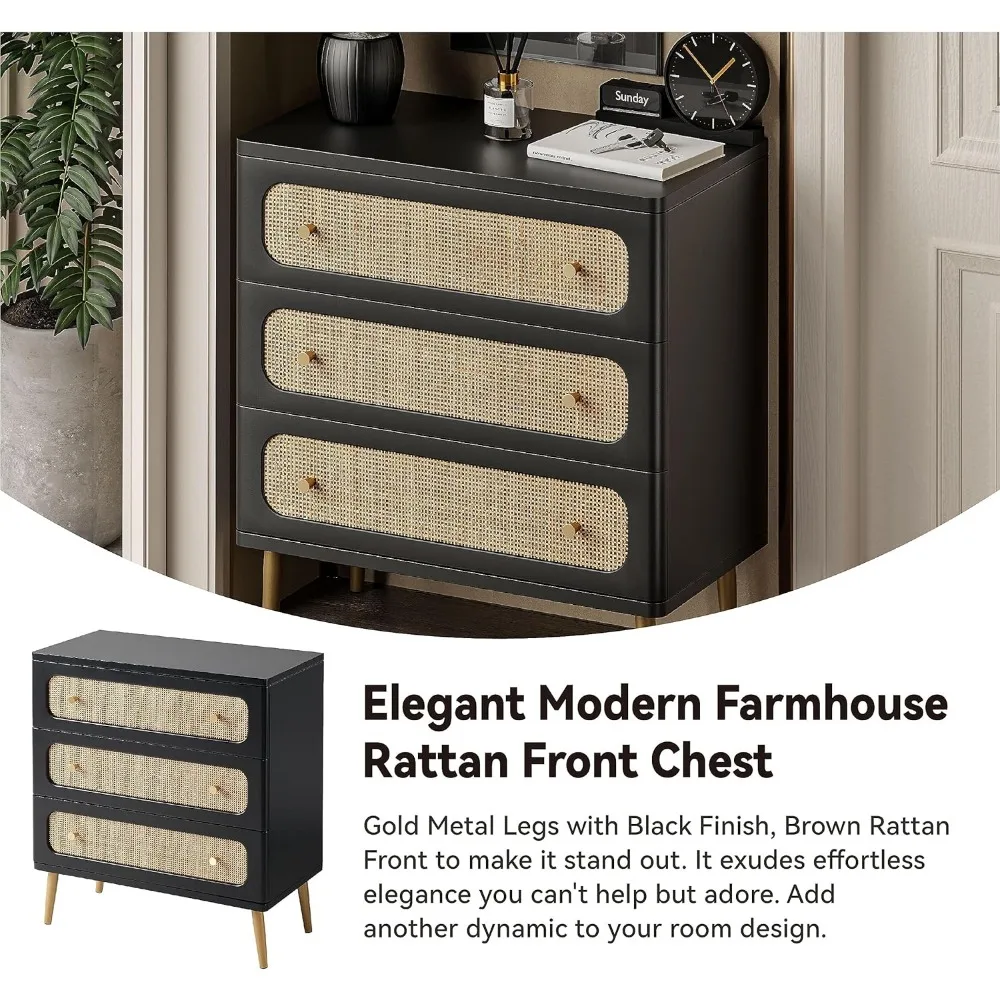 خزانة تخزين خشبية سوداء ذات 3 أدراج للمزرعة الحديثة، طاولة مميزة من الروطان، خزانة على الطراز البوهيمي لغرفة النوم
