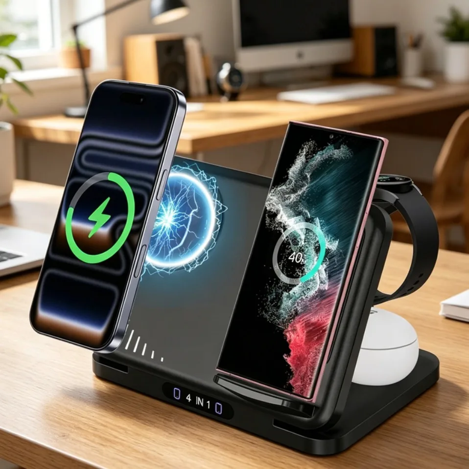 4-in-1折りたたみ式ワイヤレス充電スタンド（magsafe対応iphone-17、samsung-s26、galaxy-watch-8、7、6、5、active-1、2、buds-pro用）急速充電対応