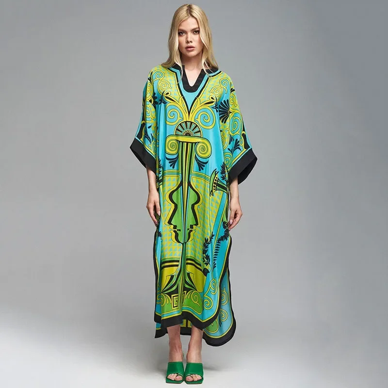 2025Women Swimsuit Beach Cover Up dress Sleeve Kaftan Beach Tunic Long Pareos Bikinis Cover ups Summer Robe Plage Beachwear