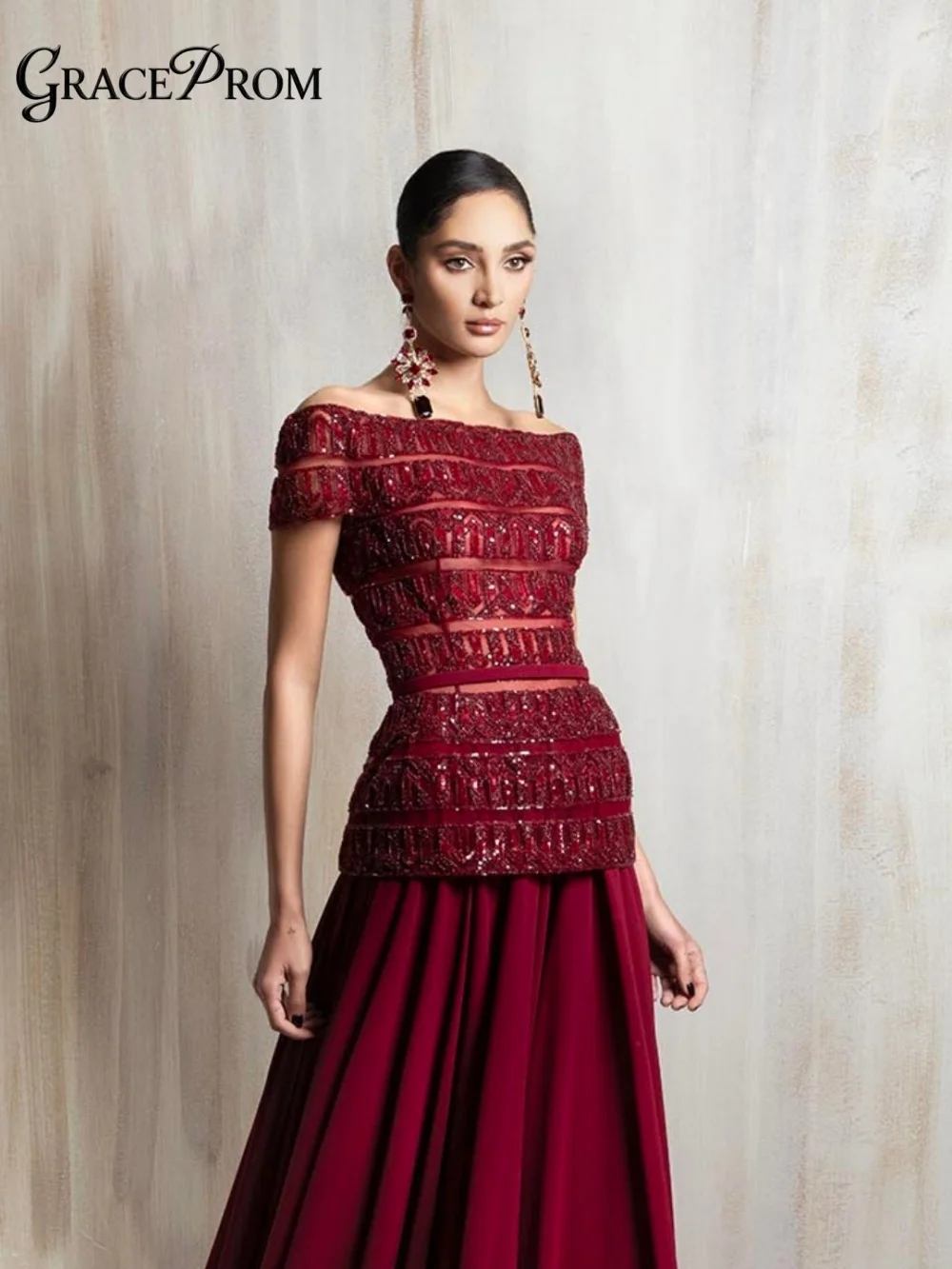 

Formal Burgundy Off The Shoulder Sheer Stripe Evening Dress Exquisite Beading Sequins Party Dress Glamorous A Line Gown For Prom