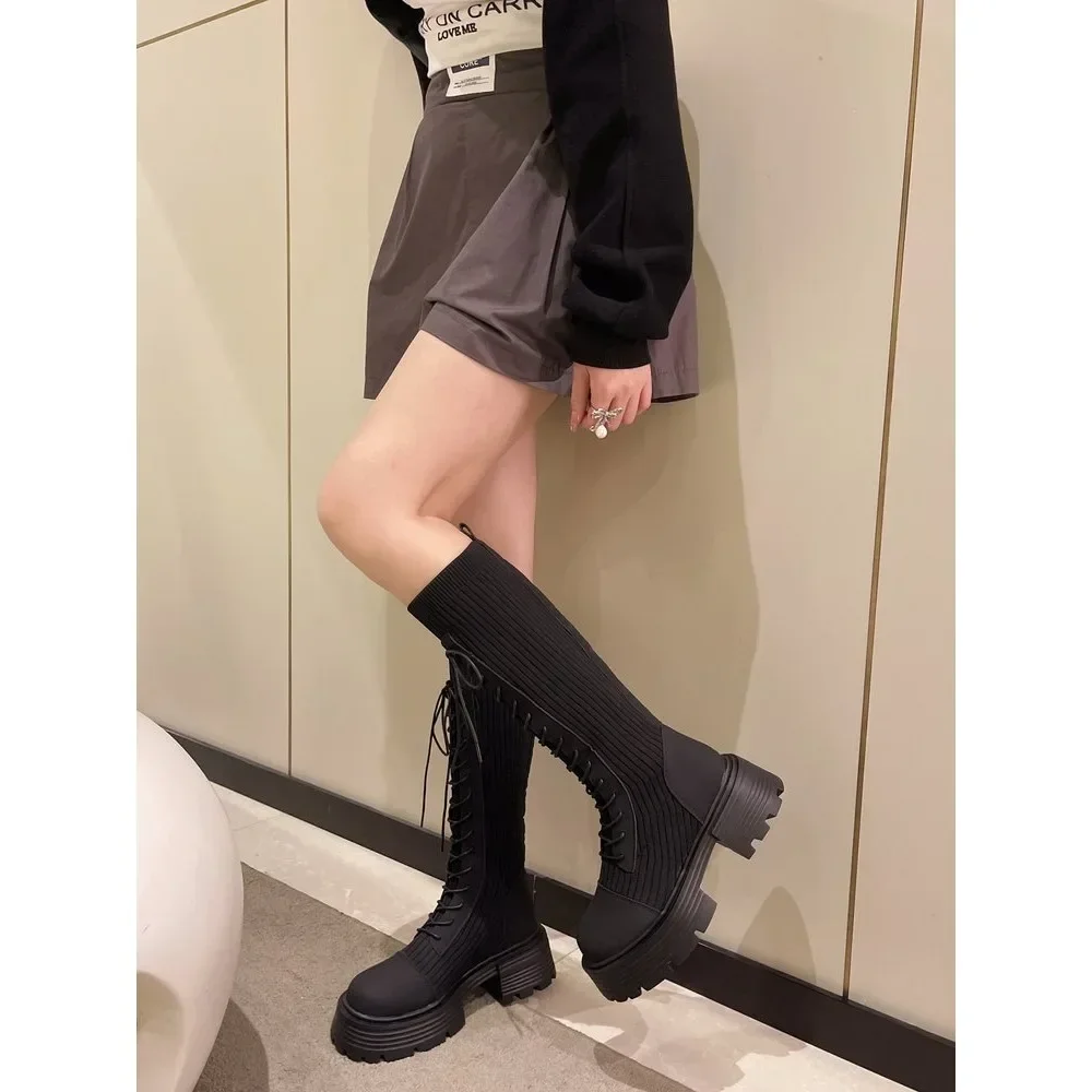 2024 autunno inverno New Chunky Platform stivali lunghi donna stivali alti al ginocchio lavorati a maglia elasticizzati con suola spessa donna Botas