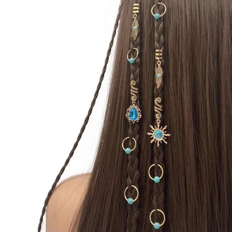 

10Pcs Open Spring Hair Rings Blue Gem Sun Turquoise Non Slip Easy Install Dreadlock Braids Unique Accessories for Women DIY