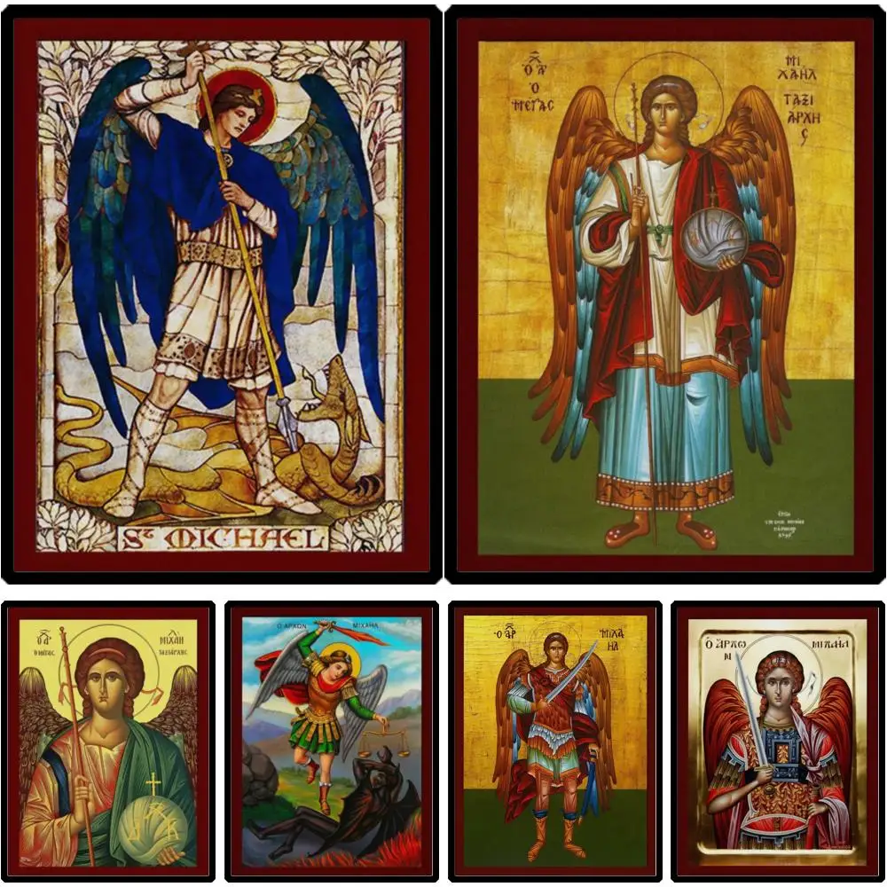 Archangel Michael Icon Slaying Dragon Greek Orthodox Canvas Print Holy Angels Defeated Byzantine  Wall Decor for Home & Chapel