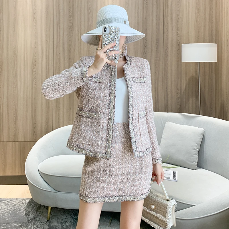 

Elegant Socialite Style Women's Suit Jacket Skirt 2024 Early Spring New Style Tweed Short Coat Suit A-line Skirt Two-piece Set