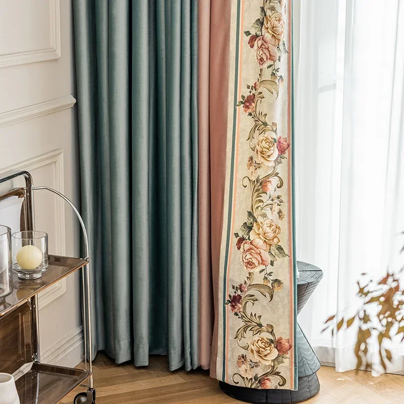 Rideaux en velours bleu rose avec coutures brodées rétro, pour salon, chambre à coucher, décoration de Villa, rideaux occultants sur mesure