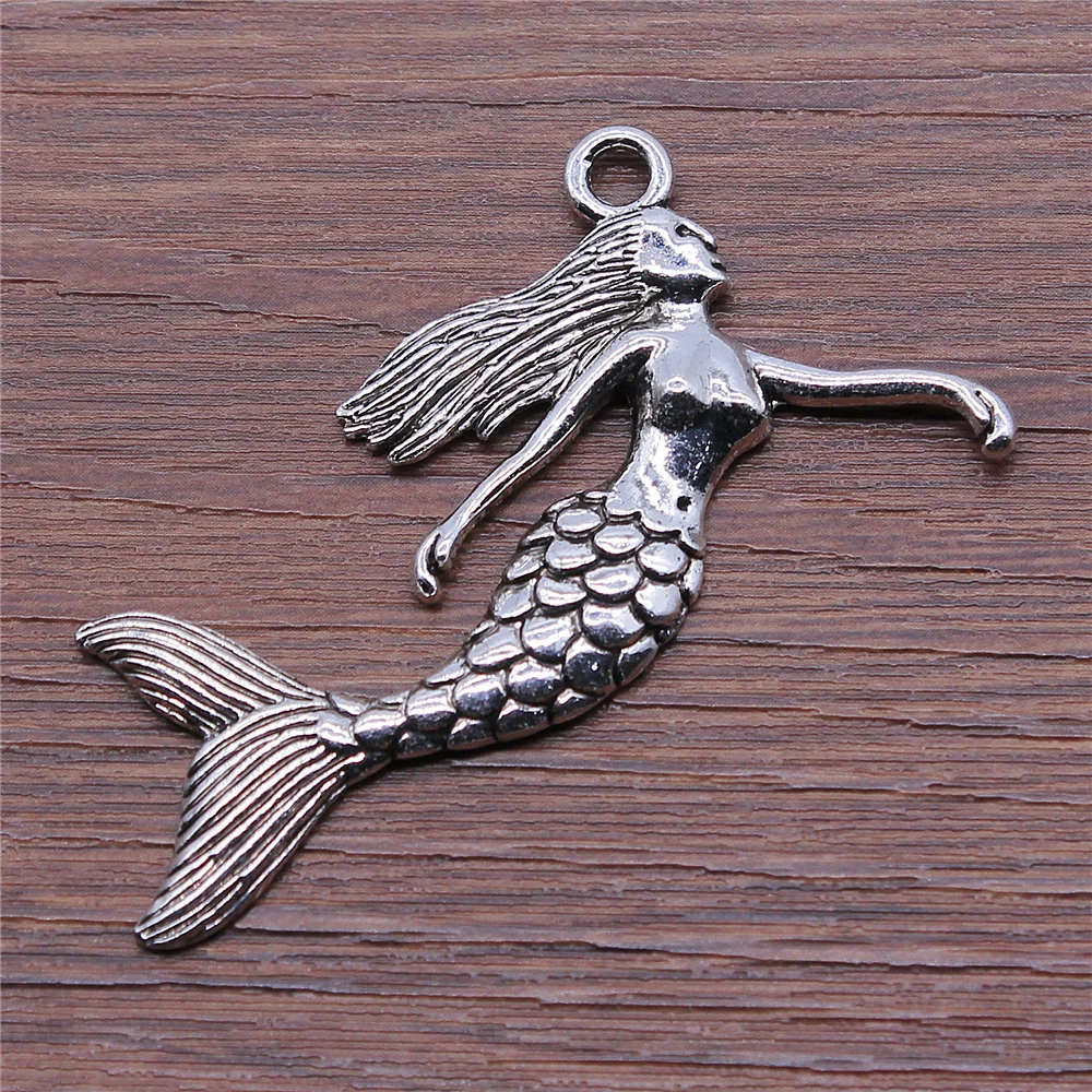 30pcs Mermaid Charms Wholesale For Jewelry Making 50x57mm Antique Silver Color Jewelry Accessories