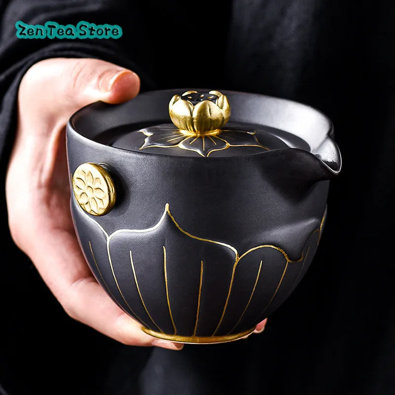 Black Pottery Creative Lotus Hand Grasping Cover Bowl Household Ceramic Tracing Gold Tea Bowl Retro Large Tea Dispenser