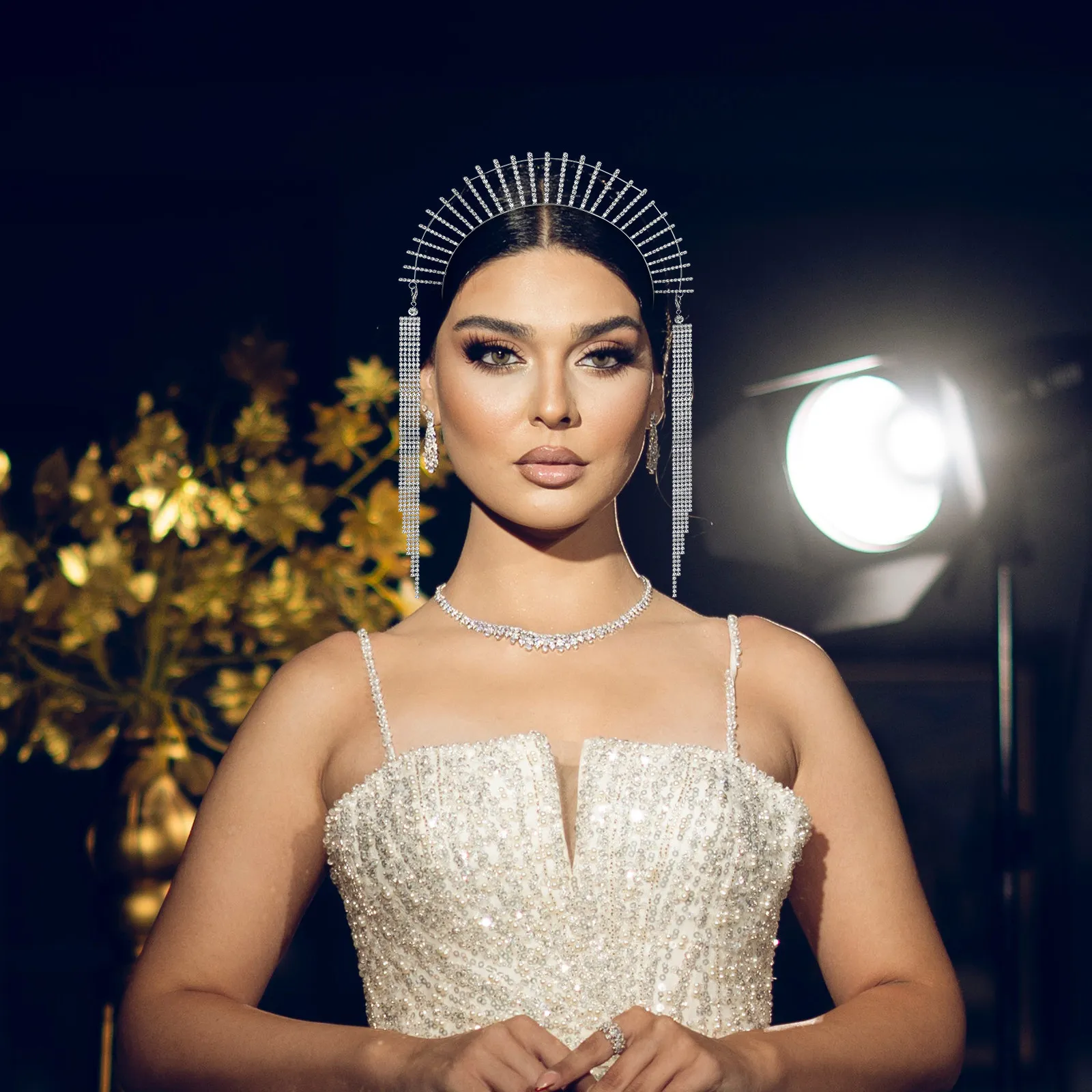 

2Pcs Goddess Headpiece Rhinestones Tassel Crown Tiara Wedding Engagement Hair Accessories for Women