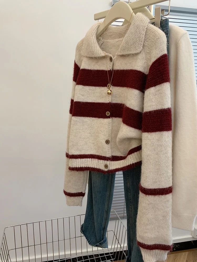 Koreaanse retro gestreept gebreid vest dames herfst winter verdikte kraag bovenkleding trui veelzijdig faionable