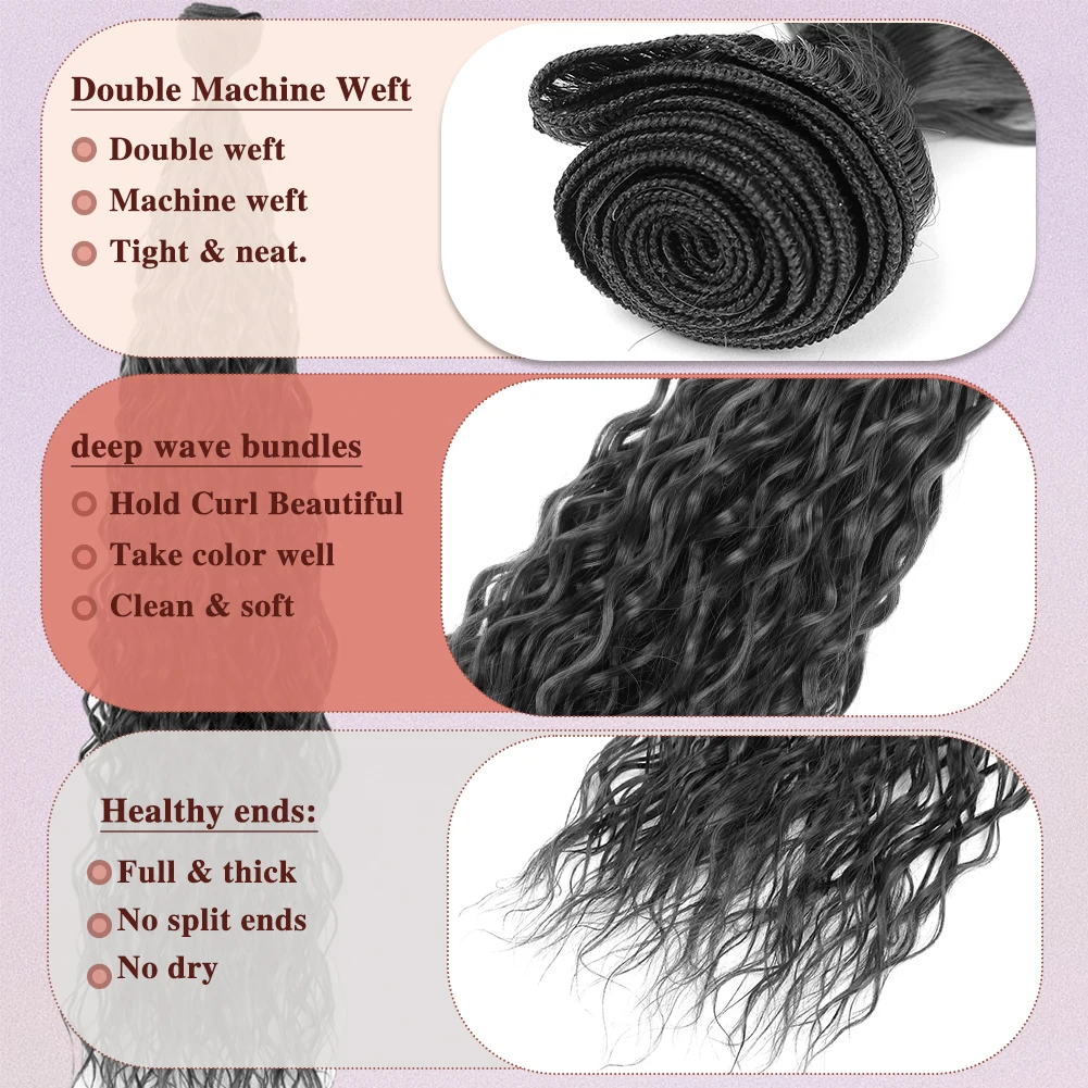 Onda de água Pacotes de cabelo encaracolado Pacotes de cabelo sintético Extensões de cabelo para cabeça cheia Resistente ao calor, Profundo, 30 polegadas