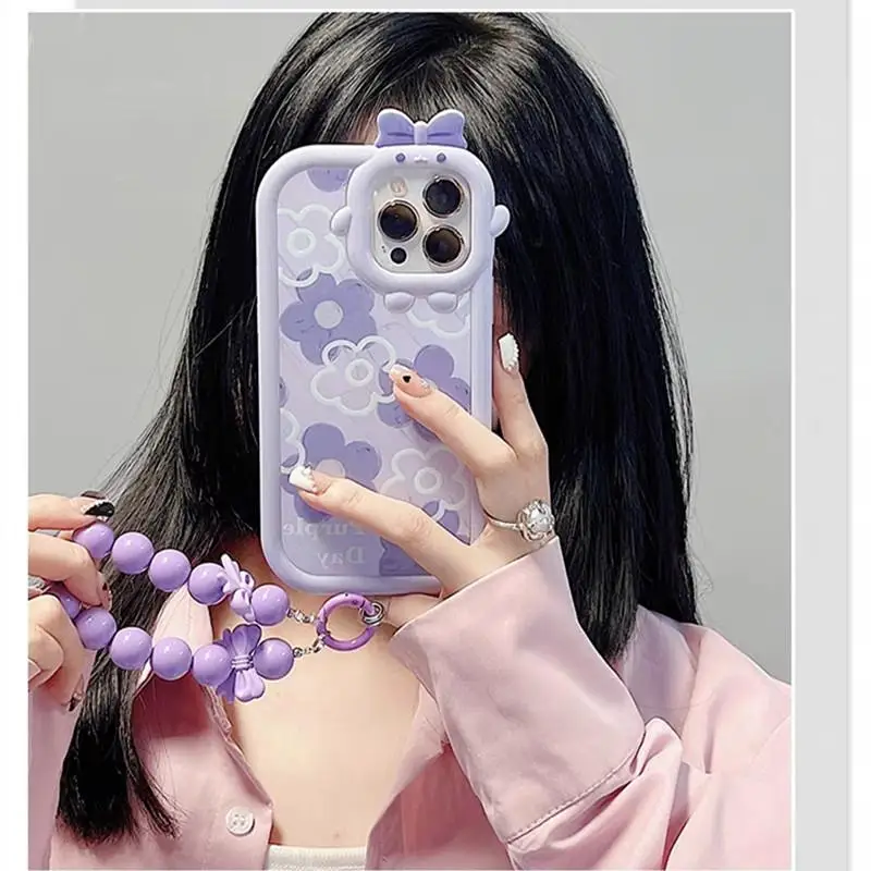 Case For Xiaomi Redmi Note 12 4G 9 10 11 Pro 10S 11S Redmi 12 12C 10C 9A 9T 9C 9 10 A1 A2 Cover Wrist Chain Purple Flower