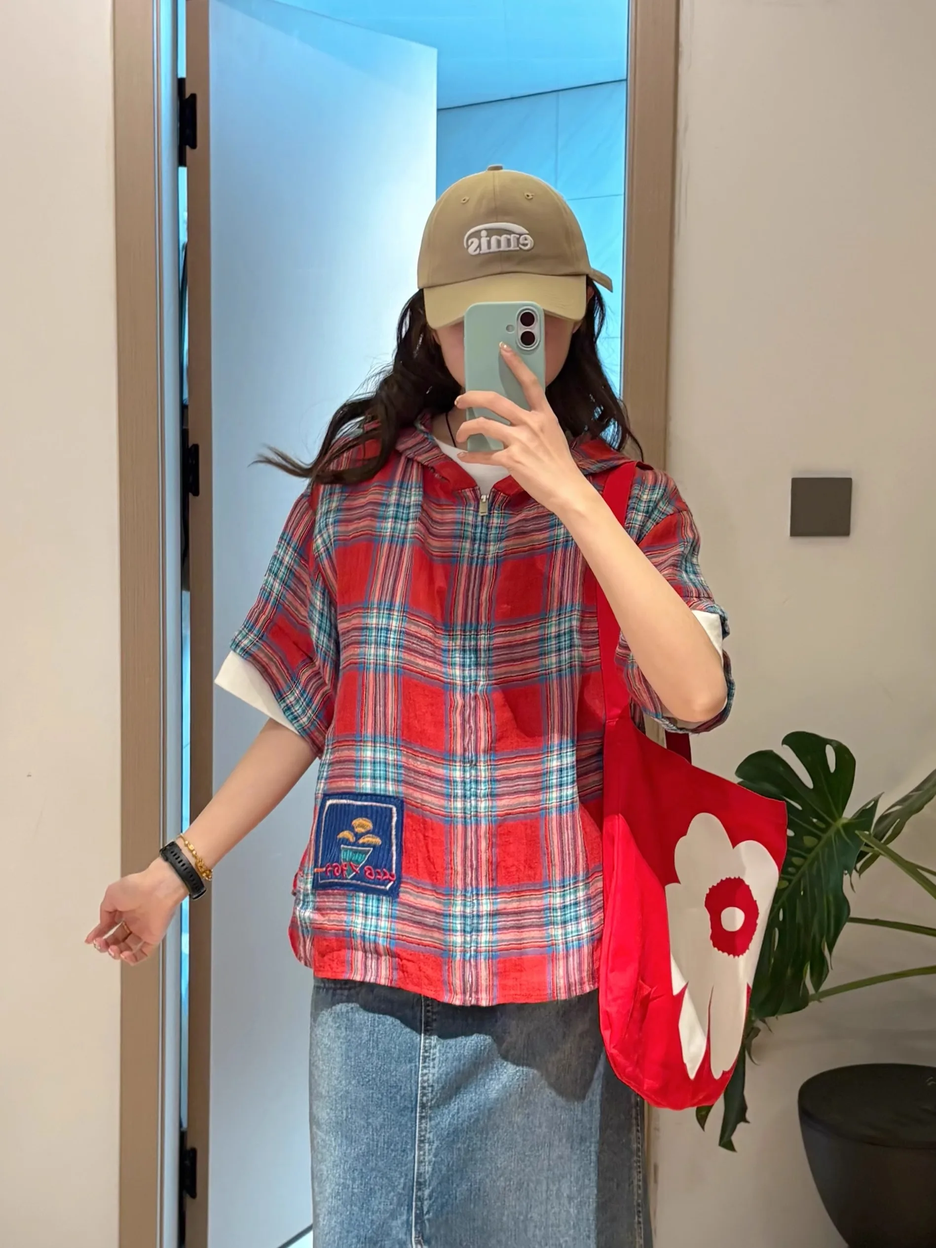 

Summer New American Retro Plaid Short Sleeve Loose Women's Shirt Half Sleeve Collar Button down Regular Length Commute Style