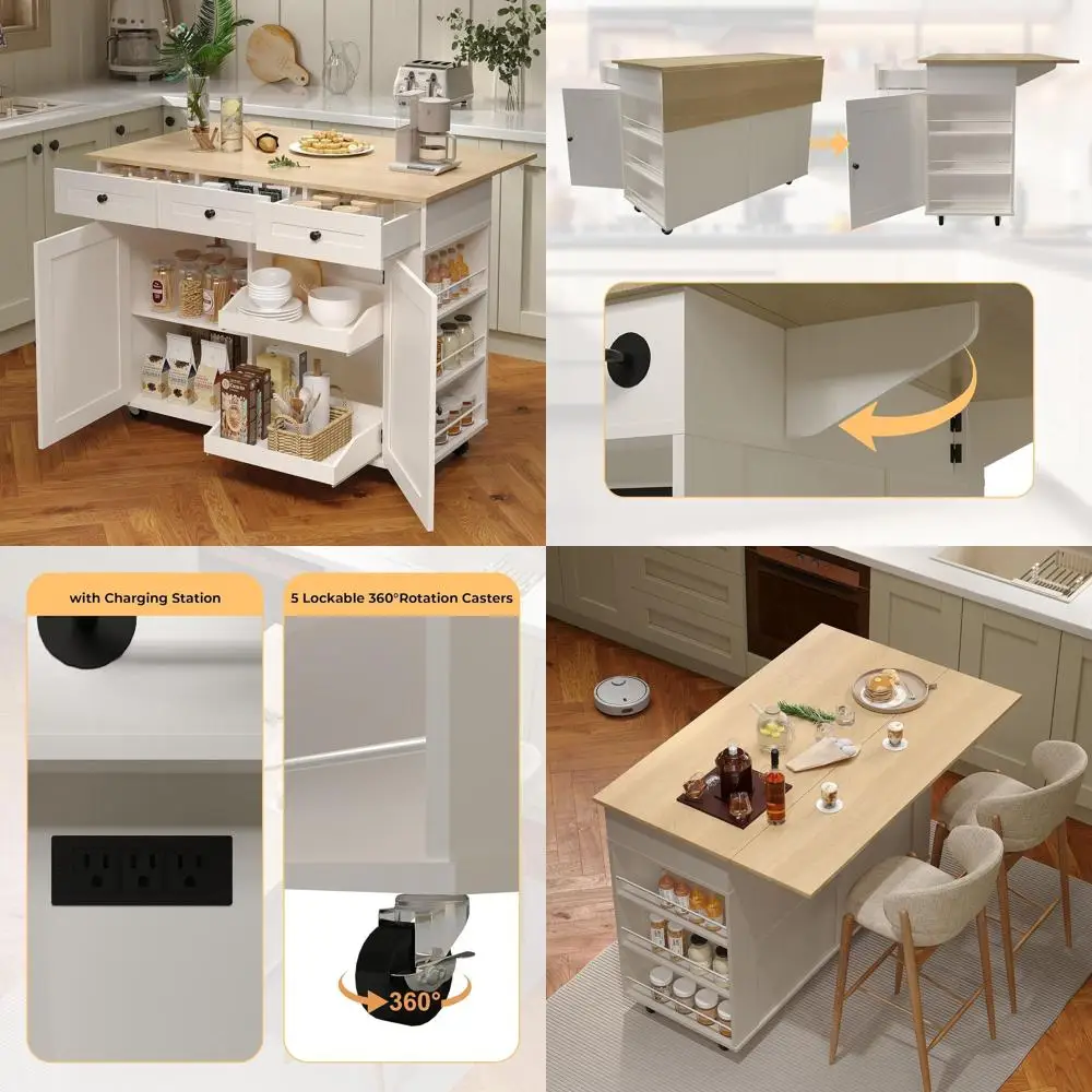 

Передвижной кухонный остров с откидной столешницей, зарядной станцией и вместительным хранилищем - мобильная кухонная тележка на колесах 47,2 дюйма с выдвижными ящиками