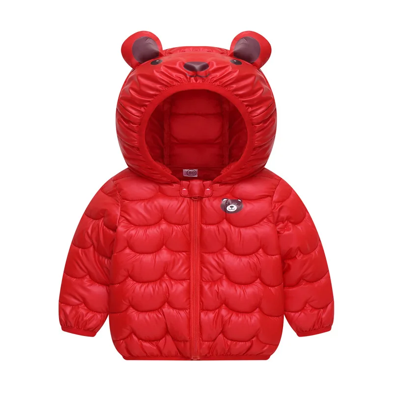 Bear Baby Girls Jacket Winter Solid Color Cartoon Pattrn Thick Warm Hooded Zipper Coat For 1-5 Years Autumn Boys Cotton Outwear