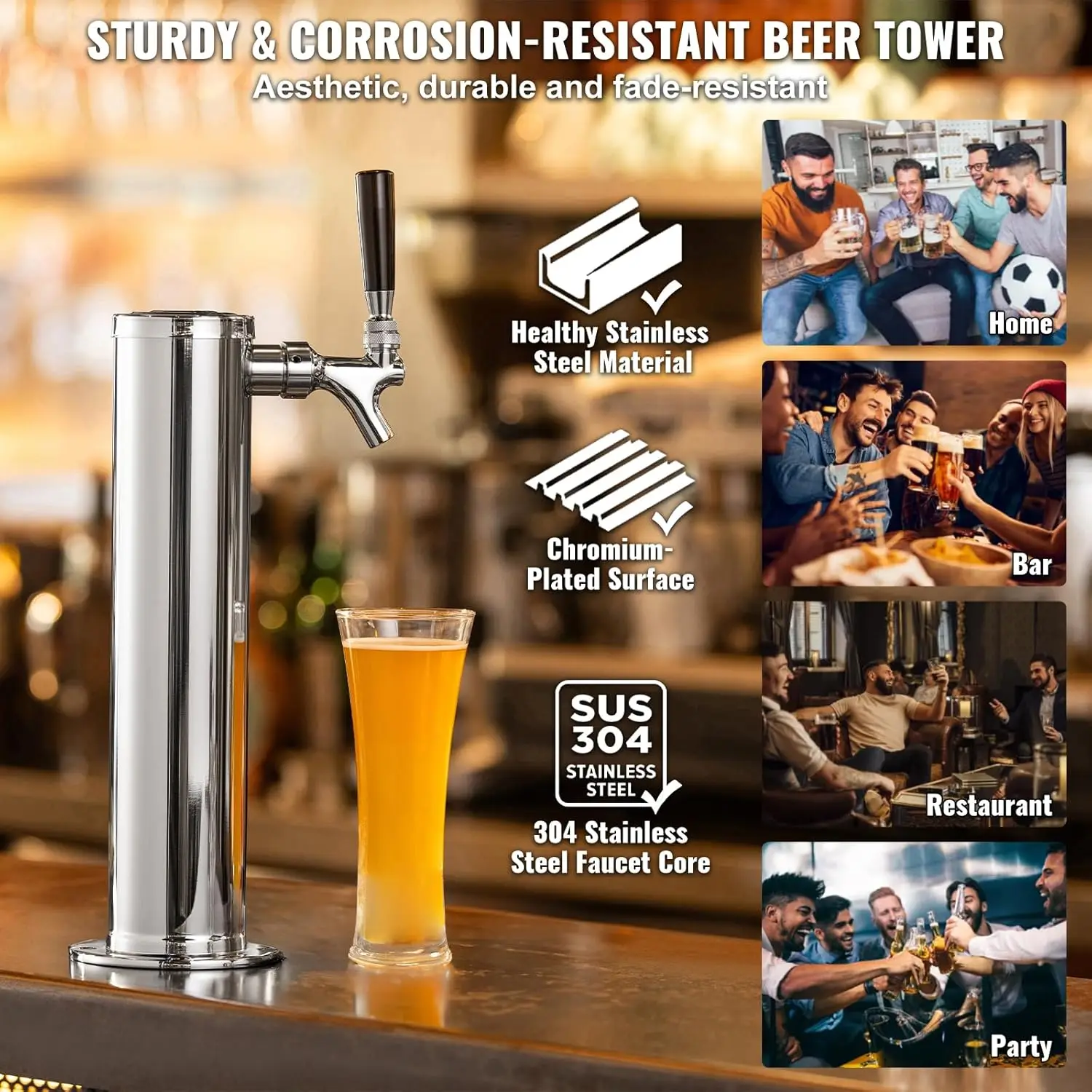 Single Faucet Draft Beer Tower Dispenser, Stainless Steel Keg Beer Tower, Kegerator Tower Kit with Pre-Assembled Tubing