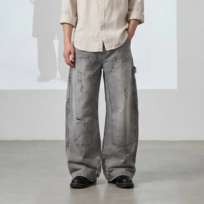 

American Style Deconstructed Silhouette Distressed Men's Boot Cut Jeans Workwear Chic Loose Dirty Dyed Logging Denim Pants