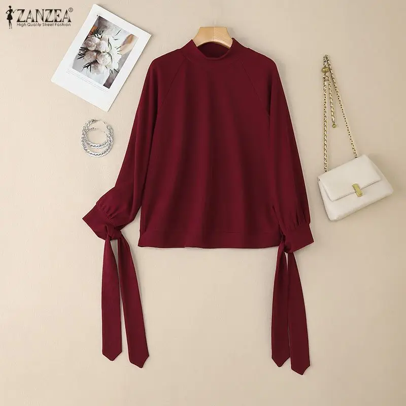 ZANZEA Hijabs musulmanes, suéteres acanalados de punto para mujer, cuello alto modesto, manga larga, puños atados, jersey de Color sólido para mujer, Tops 3XL